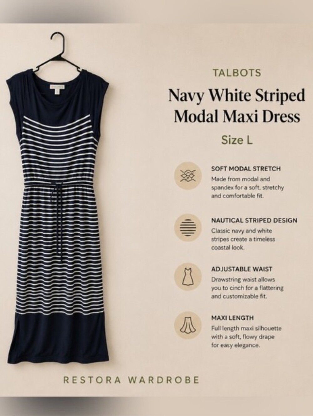Talbots Preppy Navy White Striped Modal Maxi Dress Drawstring Waist L - Picture 1 of 15